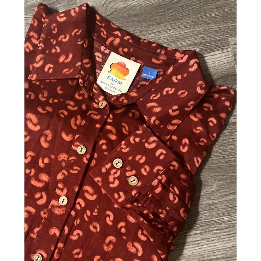Farm Rio‎ Magda For Anthropologie Button Down 100% Viscose Blouse Small Dark Red
